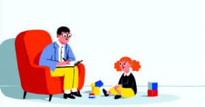 A cartoon drawing of a therapist with a young girl playing with blocks, as an example of play therapy in Colorado Springs.